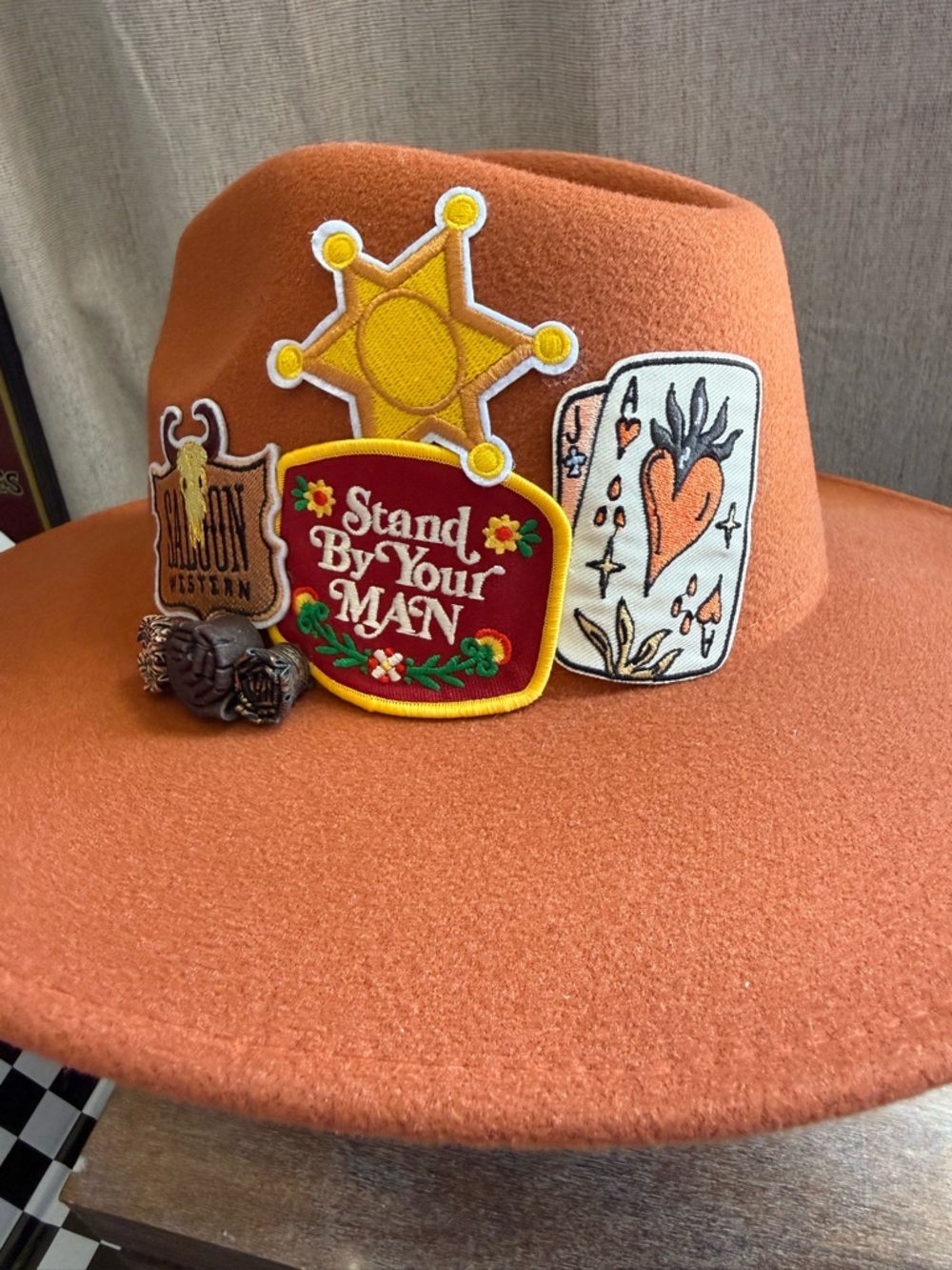 Womens rust color Felt Wide-Brim Hat with patches and brands nfr Vegas